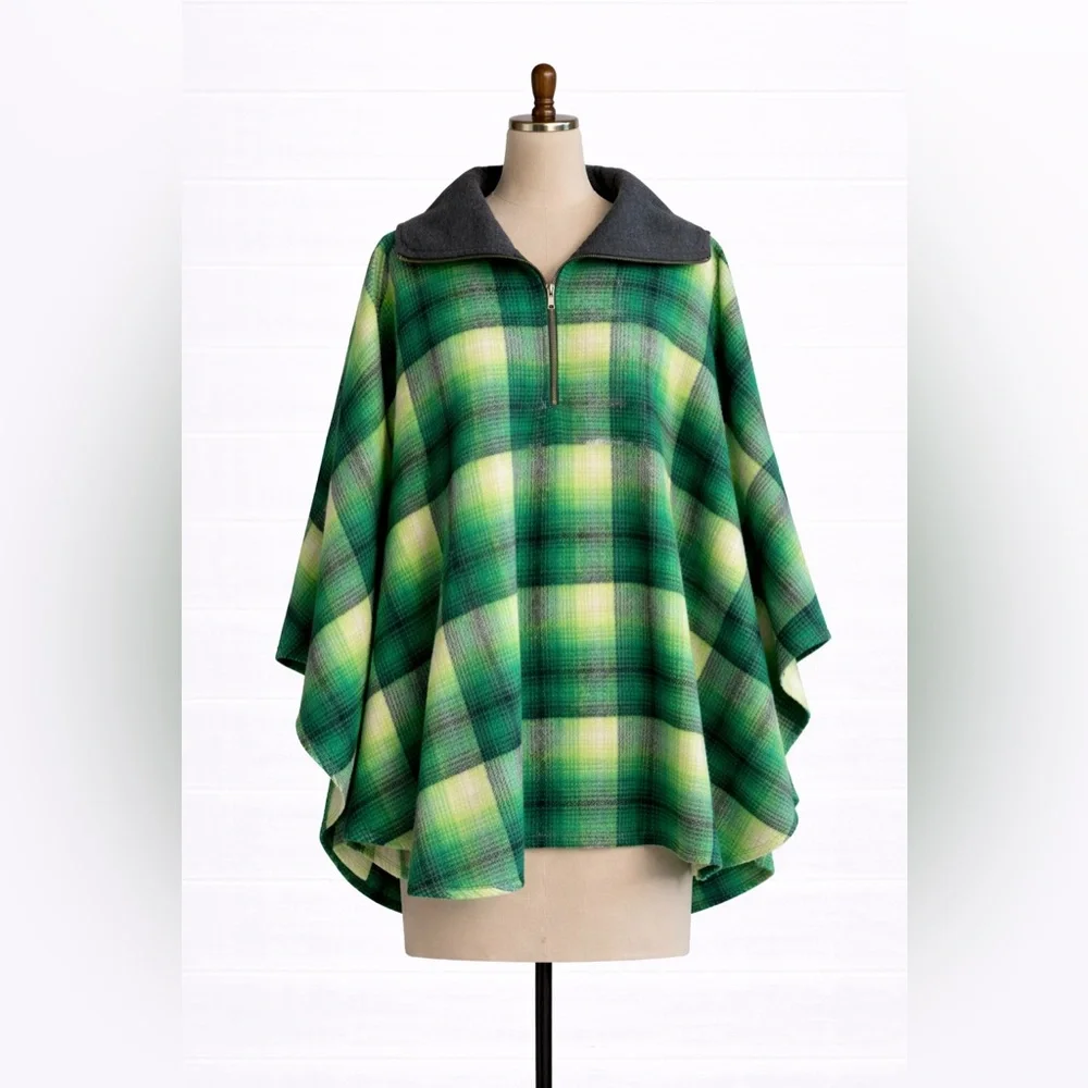 Free People – Woodstock Brushed Plaid Oversized Poncho – Green Black – Sz. OS